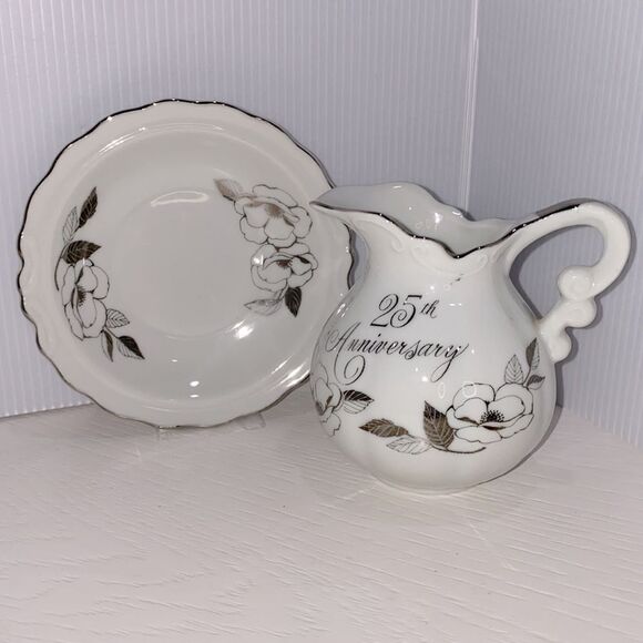 Georgian Fine China 25th Anniversary Miniature Pitcher & Bowl Silver Trim - Picture 7 of 12